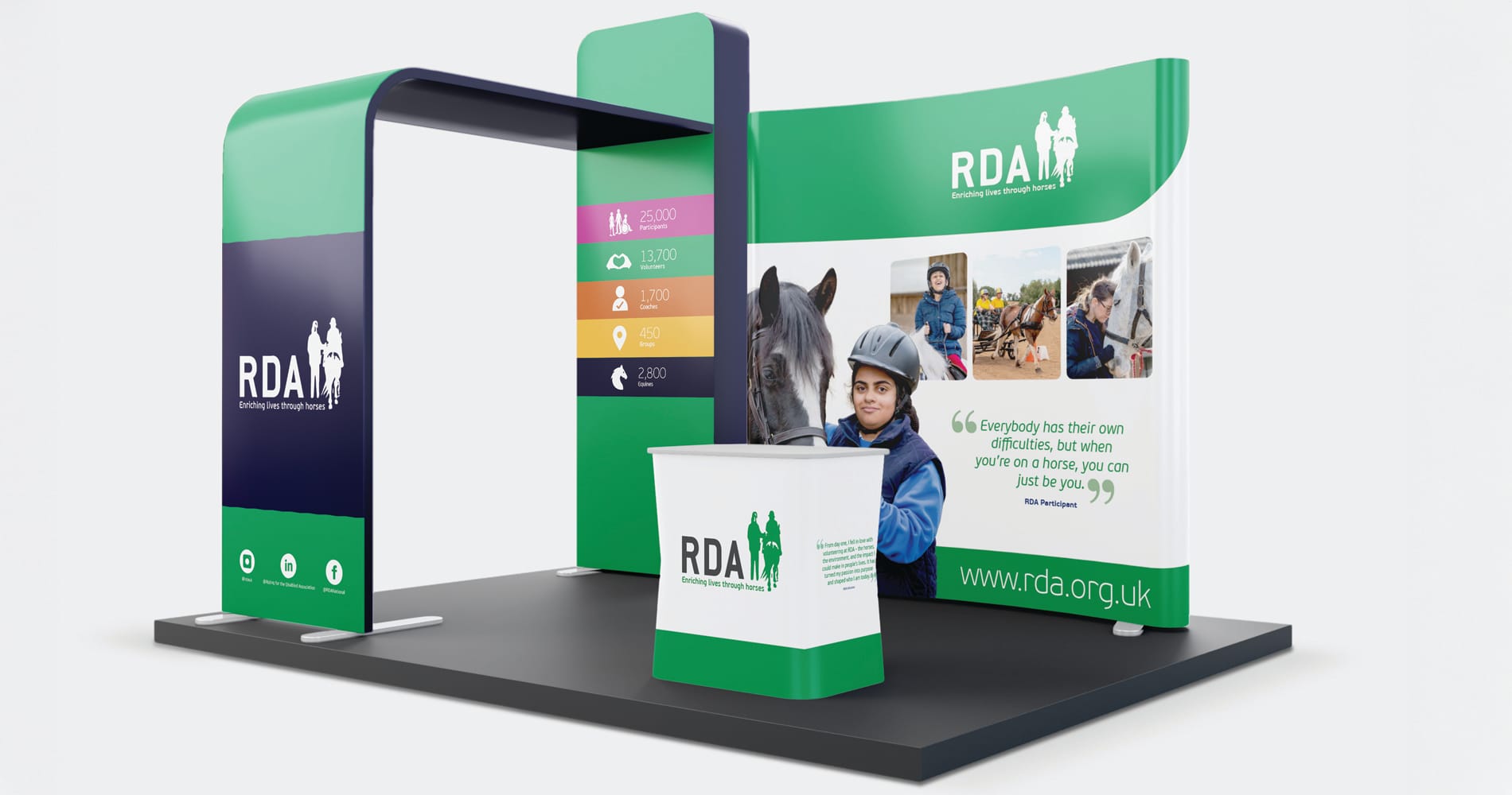 An exhibition stand designed for the Riding for the Disabled Association (RDA), featuring their logo, branding colours, and key messages about the organisation's work with disabled people