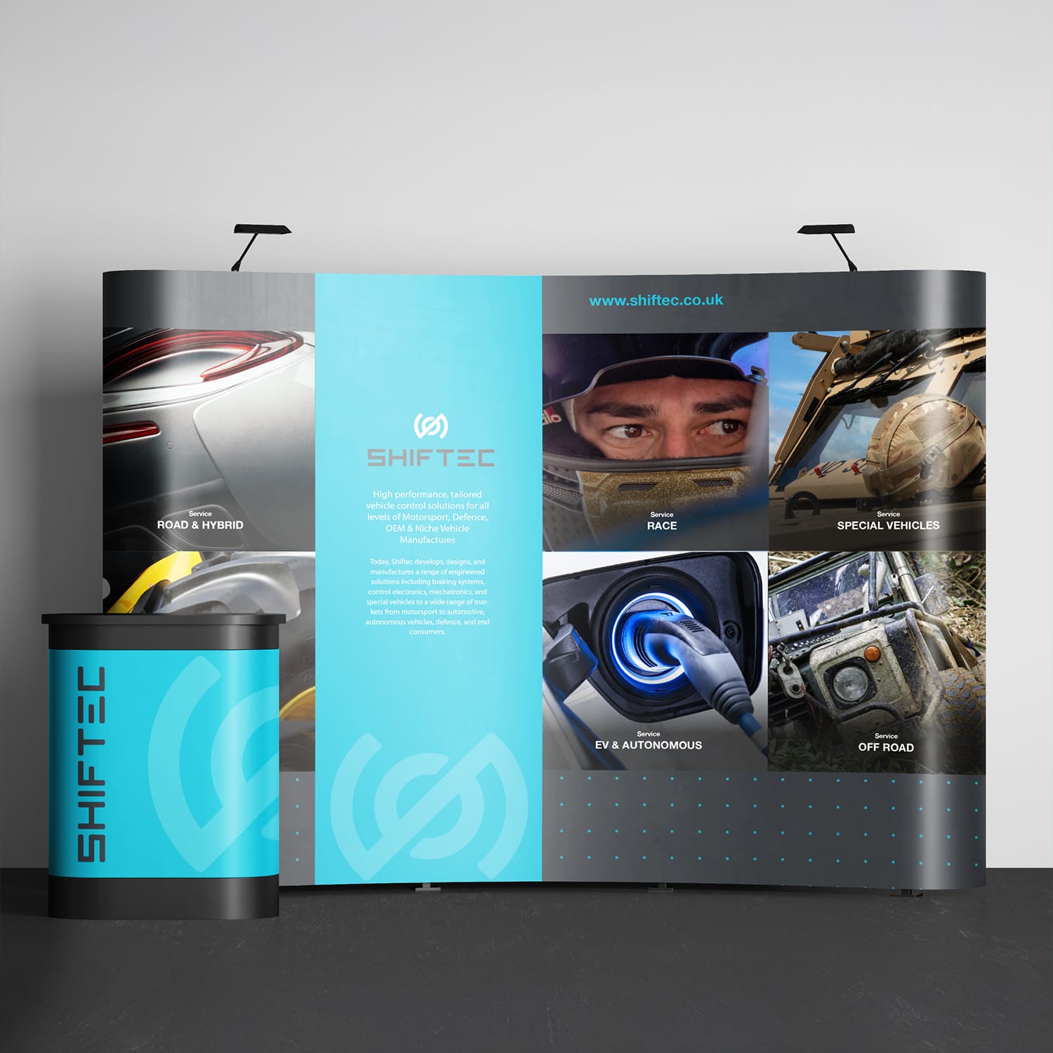 Shiftec exhibition stand graphic design