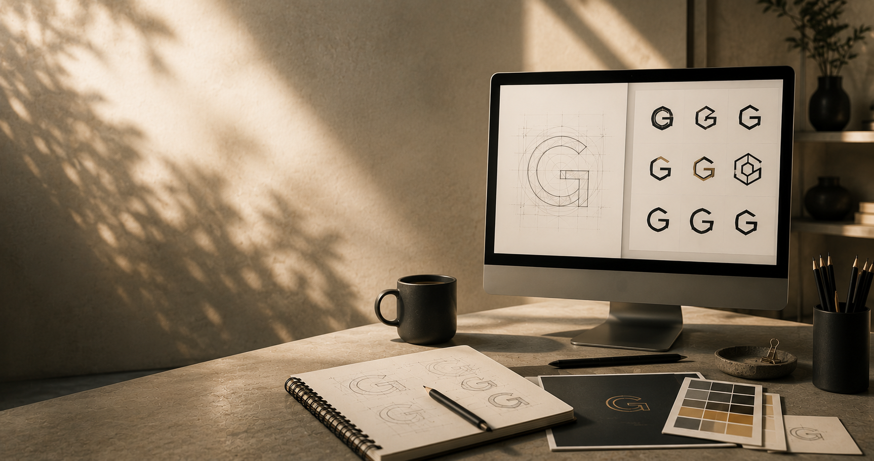 Designer using AI for logo design and reviewing different brand concepts