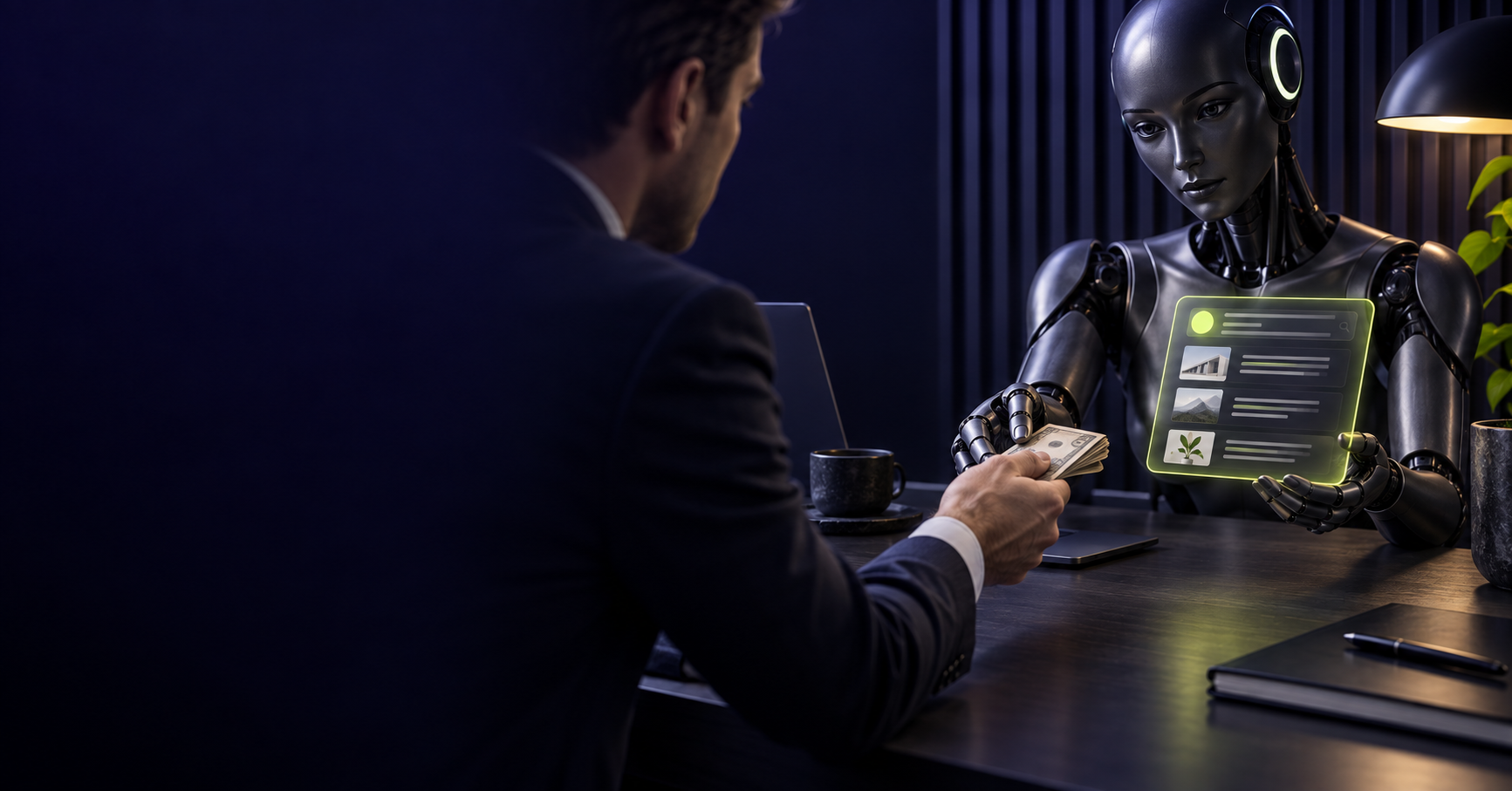 Human paying an AI humanoid for information about getting a website found by AI