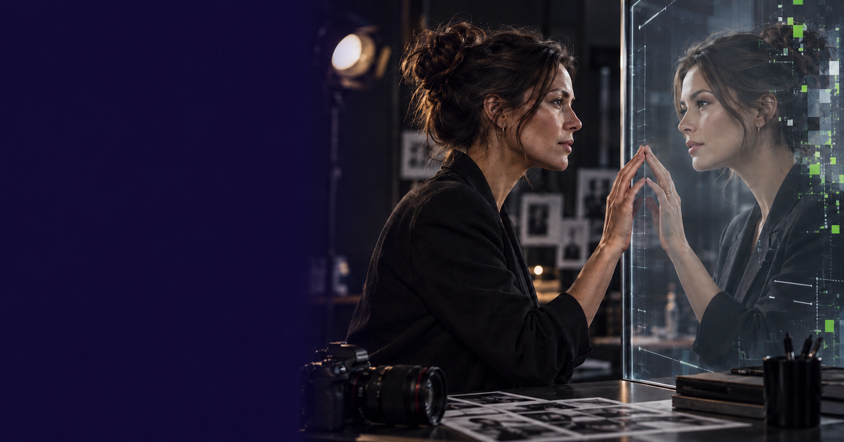 Human designer considering AI-generated images for a business brand