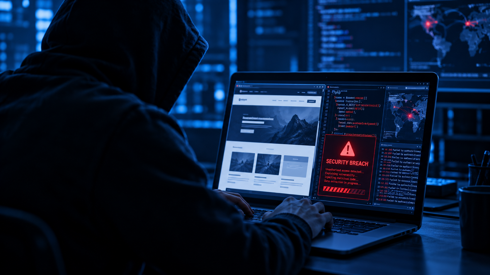 PHP security alert shown on a laptop screen with a hacker targeting an older website